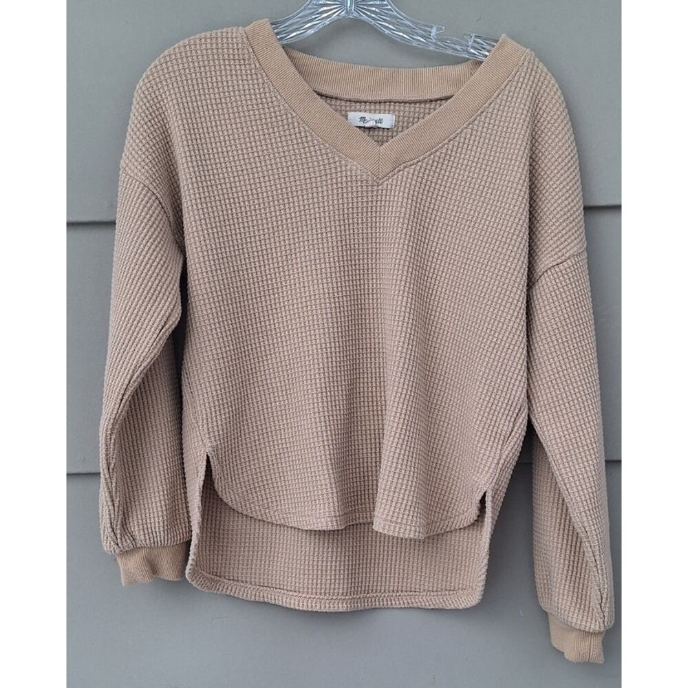 Madewell Women Waffle Knit Long Sleeves V neck Top Sweater Thermal Tan Size XS